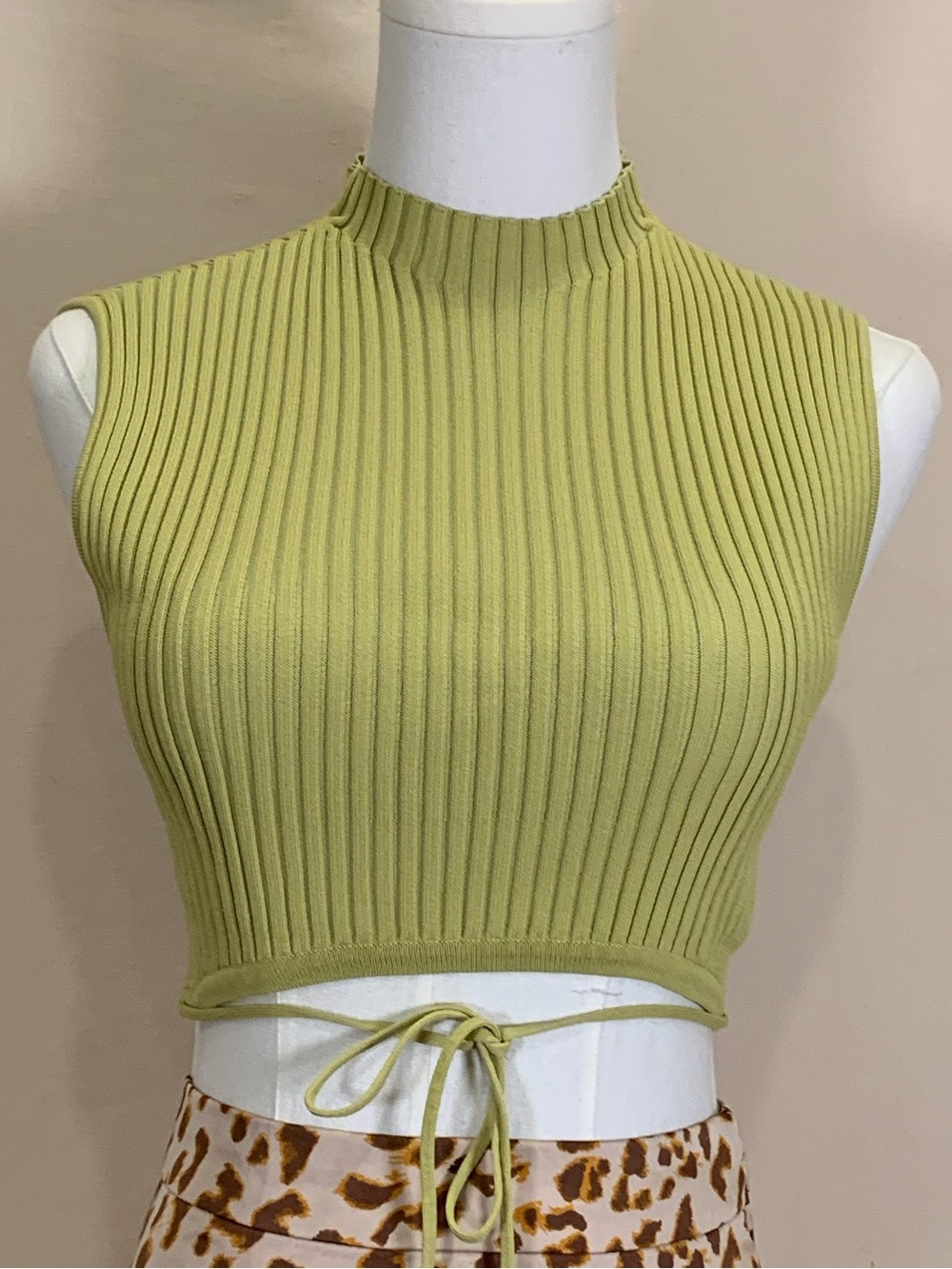 Significant Other Green Ribbed Knit Tie-Front Crop Top